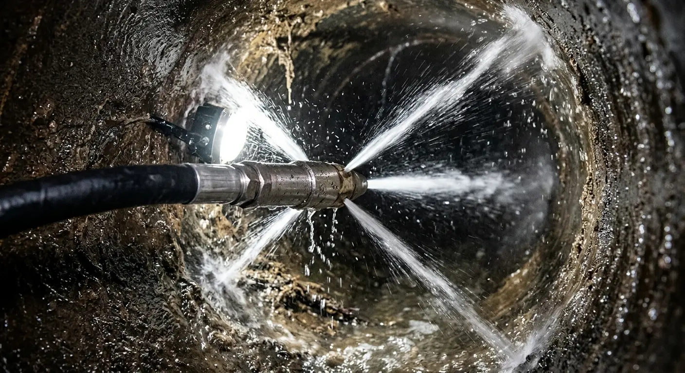 High-pressure hydro jetting nozzle cleaning sewer pipe for Trenchless Sewer Repair in Putnam
