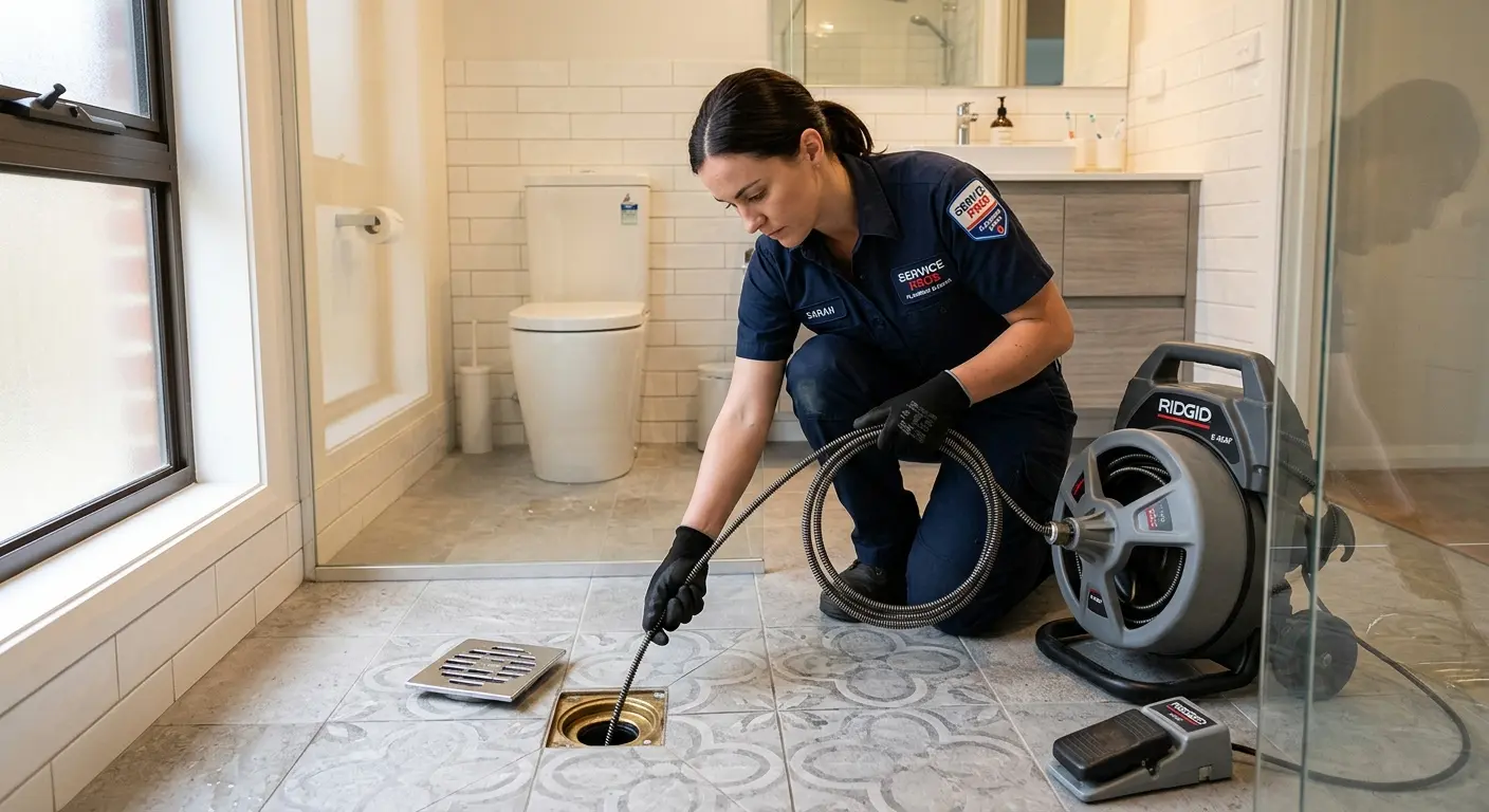 Technician clearing a bathroom floor drain for Clogged Drain Repair in Putnam